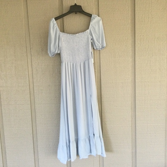 Reformation Meadow Smocked Bodice Slit Square Neck Puff Sleeve Midi In Mineral M - Picture 2 of 15